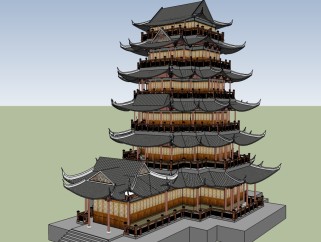 中式塔楼免费su模型、景观塔楼草图大师模型下载