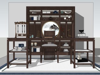 新中式实木书桌椅书柜su模型，书桌sketchup模型下载
