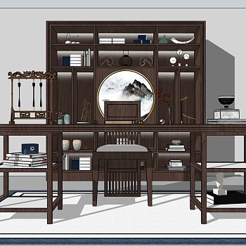新中式实木书桌椅书柜su模型，书桌sketchup模型下载