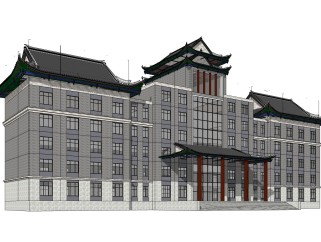 中式办公楼草图大师模型，办公楼sketchup模型免费下载