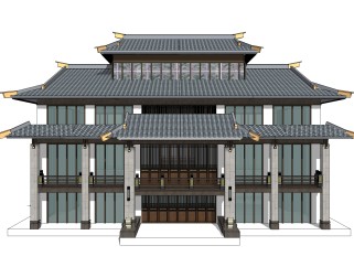 中式售楼处建筑方案草图大师模型，建筑构件sketchup模型免费下载