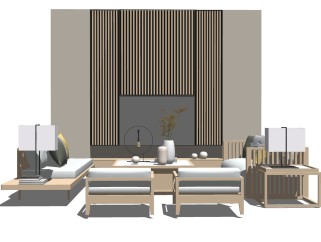 新中式实木沙发组合su模型，客厅沙发背景墙skp模型下载