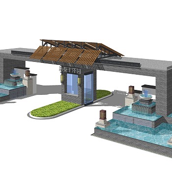 中式小区大门入口草图大师模型，小区大门入口sketchup模型免费下载