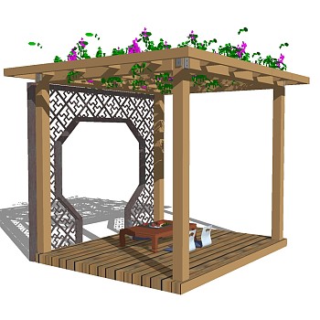 现代庭院实木花架草图大师模型，庭院实木花架sketchup模型下载