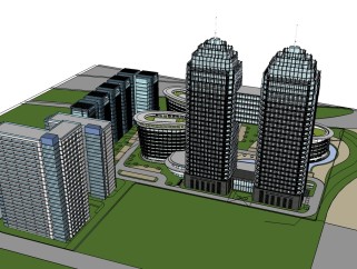 现代双子大楼商业区规划免费su模型下载、双子大楼商业区规划草图大师模型下载