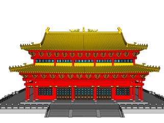 中式藏经阁建筑免费su模型下载、藏经阁建筑草图大师模型下载