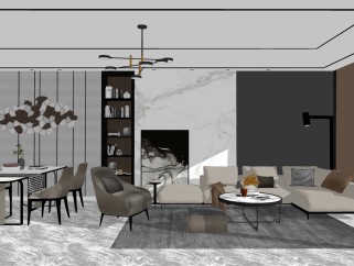 现代客厅餐厅su模型，客厅餐厅沙发茶几灯具组合草图大师模型下载