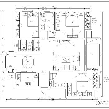 现代三室两厅130㎡山h一号简单点施工图cad图纸下载