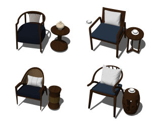 新中式实木单椅组合草图大师模型，单椅组合sketchup模型下载