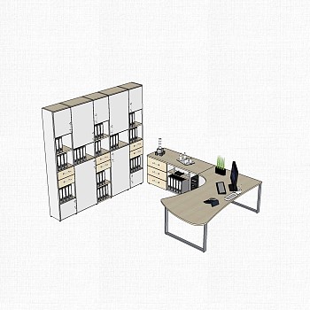 现代简约班台桌文件柜组合su模型，班台桌sketchup模型下载