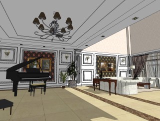  现代美式 客厅草图大师模型，客厅sketchup模型下载