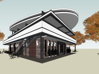 新民族古典现代主义小咖啡厅草图大师模型，咖啡厅sketchup模型下载