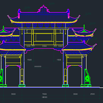 四柱五楼古建筑牌楼CAD图纸，古建筑牌楼CAD建筑图纸下载