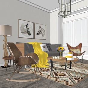 现代单身公寓客厅，客厅sketchup模型下载