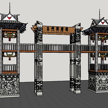 新中式牌坊门头SU模型下载，门头skb模型分享
