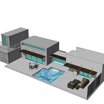 现代集装箱改造房sketchup模型，集装箱房屋草图大师模型下载