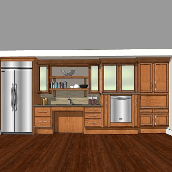 美式一字形橱柜草图大师模型，厨房柜sketchup模型免费下载