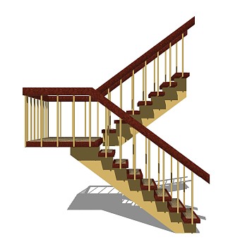 现代实木双跑平行楼梯草图大师模型，实木双跑平行楼梯sketchup模型免费下载
