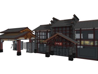 中式饭馆建筑草图大师模型，古建民俗sketchup模型免费下载