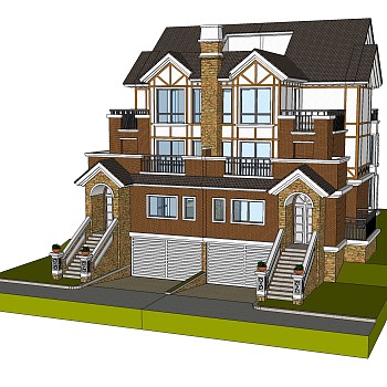 欧式联排别墅草图大师模型，别墅sketchup模型下载