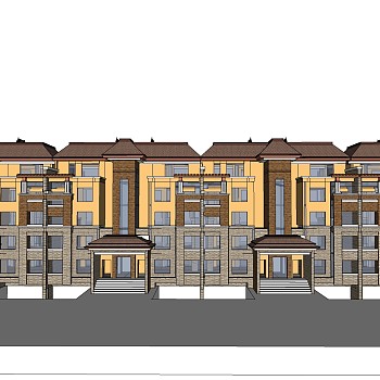 新中式别墅建筑，连排叠加别墅，SU模型免费下载