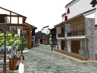 中式商业街建筑草图大师模型，古建民俗sketchup模型免费下载
