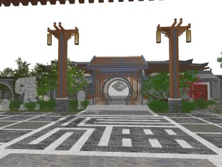 中式禅院庭院别墅园林景观设计草图大师模型，禅院庭院别墅园林景观设计sketchup模型下载