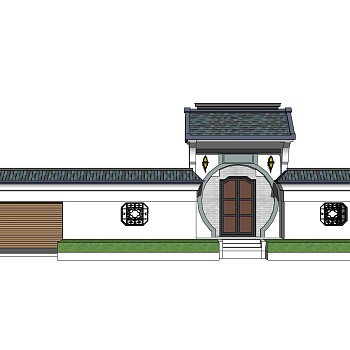 中式院门院墙草图大师模型，院门院墙sketchup模型免费下载