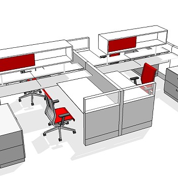 现代隔断办公桌su模型，办公桌草图大师模型下载