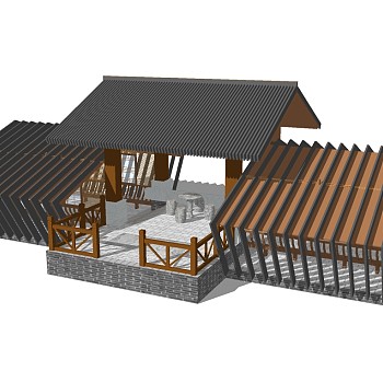 新中式实木廊架草图大师模型，实木廊架sketchup模型下载