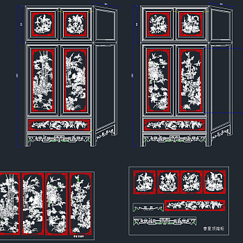 明式衣柜花鸟顶箱柜福寿衣柜CAD图库，衣柜CAD图纸下载