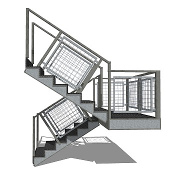 现代钢结构双跑平行楼梯草图大师模型，钢结构双跑平行楼梯sketchup模型免费下载