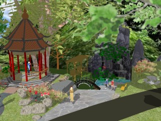 中式公园景观规划草图大师模型，公园景观规划sketchup模型下载