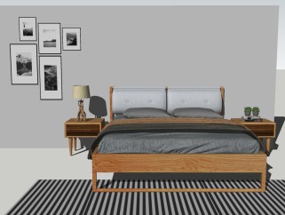北欧实木双人床su模型，实木双人床sketchup模型下载