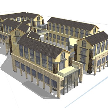 简欧商业街外观草图大师模型，商业街外观sketchup模型免费下载