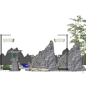 中式枯山水园艺小品草图大师模型，枯山水园艺小品sketchup模型下载