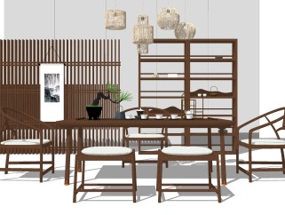  现代中式茶桌椅组合草图大师模型，茶桌椅组合sketchup模型下载