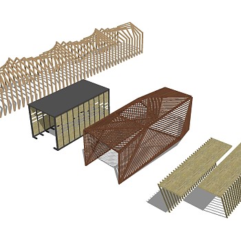 现代实木造型廊架组合草图大师模型，实木造型廊架组合sketchup模型下载