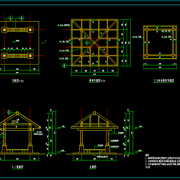 广场花架亭铁艺围墙cad施工图，花架亭cad景观亭下载
