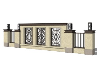 新中式围墙护栏免费su模型，栏杆草图大师模型下载