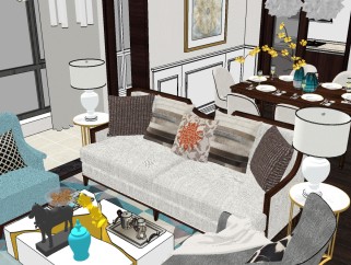 现代美式客厅设计草图大师模型，现代美式客厅设计sketchup模型下载