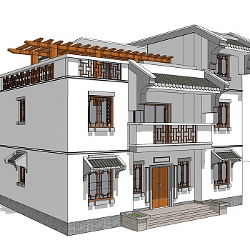 中式别墅建筑草图大师模型，古建民俗sketchup模型免费下载