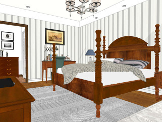 中式过道及卧室装饰sketchup模型免费下载