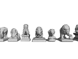 中式石狮子麒麟雕塑组合su模型下载、石狮子麒麟雕塑草图大师模型下载