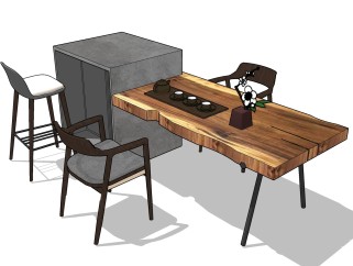 现代原木茶桌椅su模型，茶桌sketchup模型下载