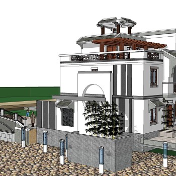 中式别墅建筑草图大师模型，古建民俗sketchup模型免费下载