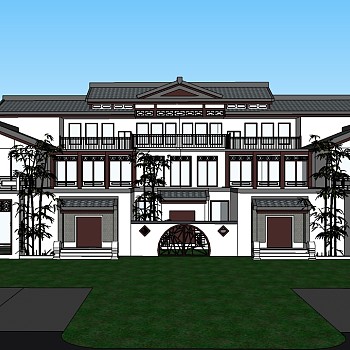 新中式连排别墅su模型免费下载，sketchup别墅草图大师模型