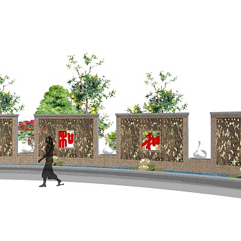 新中式文化景观墙草图大师模型，文化景观墙sketchup模型免费下载