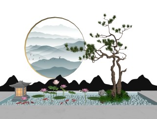 新中式松树荷花水景景观小品草图大师模型，松树荷花水景景观小品sketchup模型下载