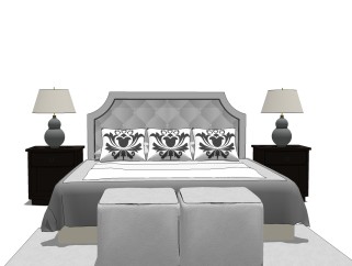 现代双人床免费su模型，双人床sketchup模型下载